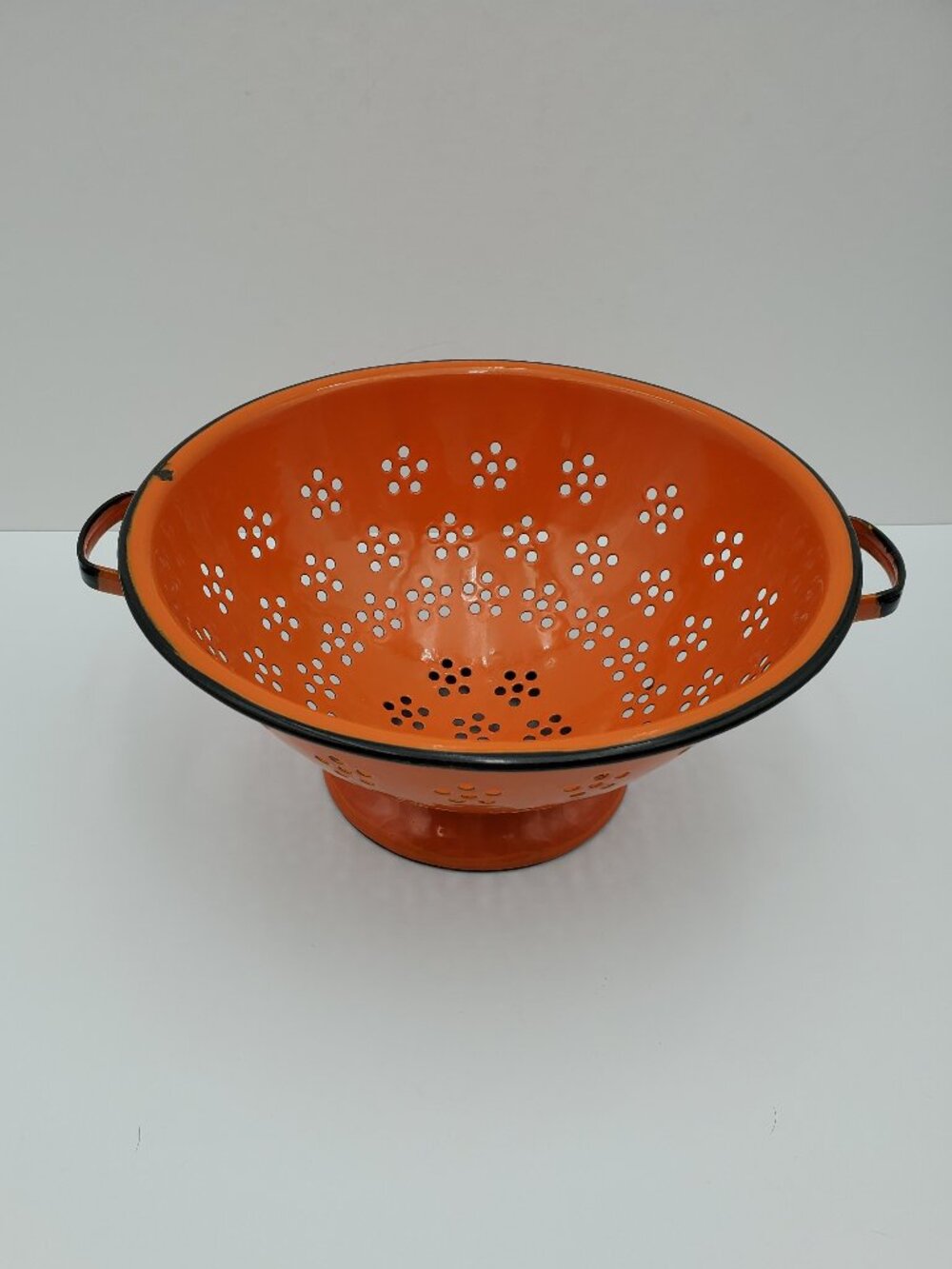 Orange Enamel on Steel Colander Enameled Metal Pedestal Drainer